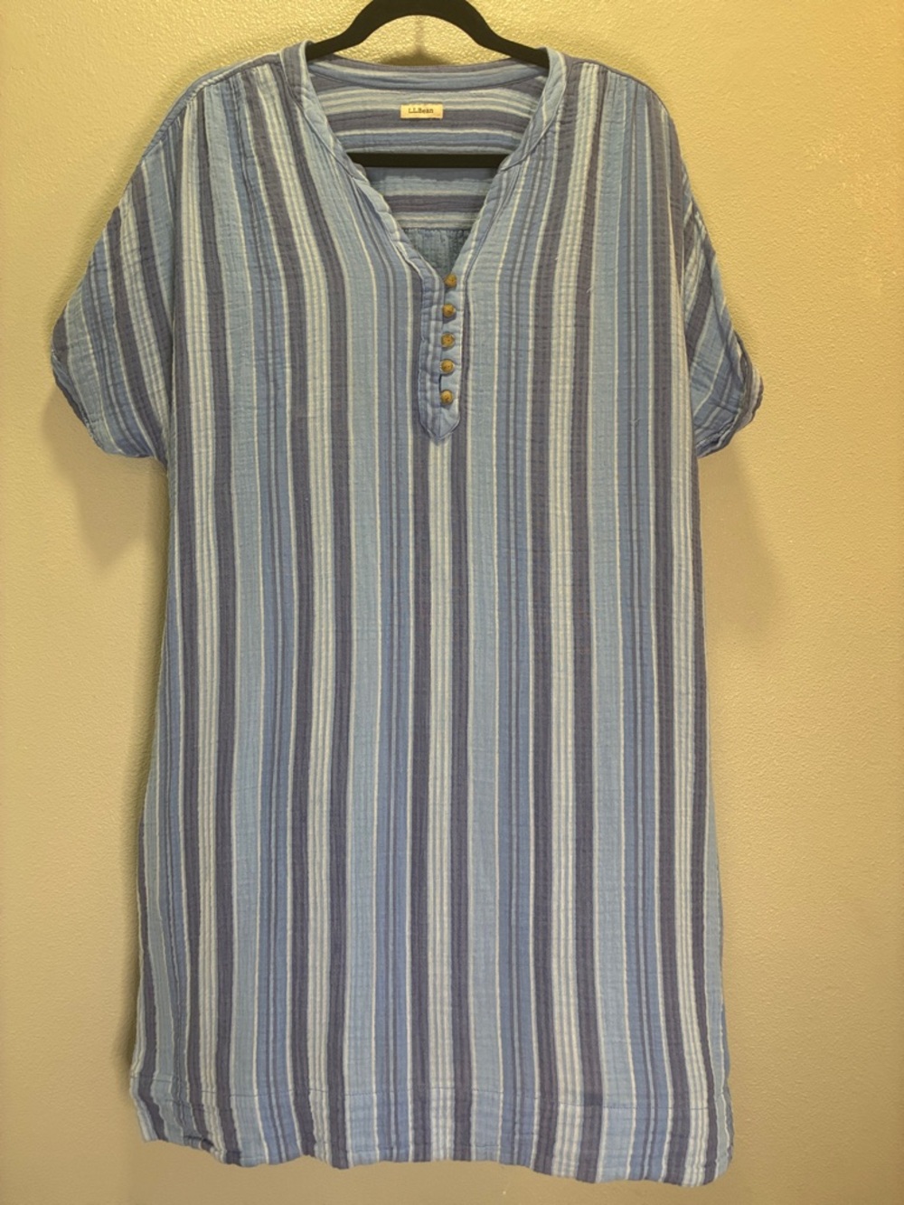 LL Bean Blue Striped Tunic Dress Short Sleeve Button Front Casual Women’s XL